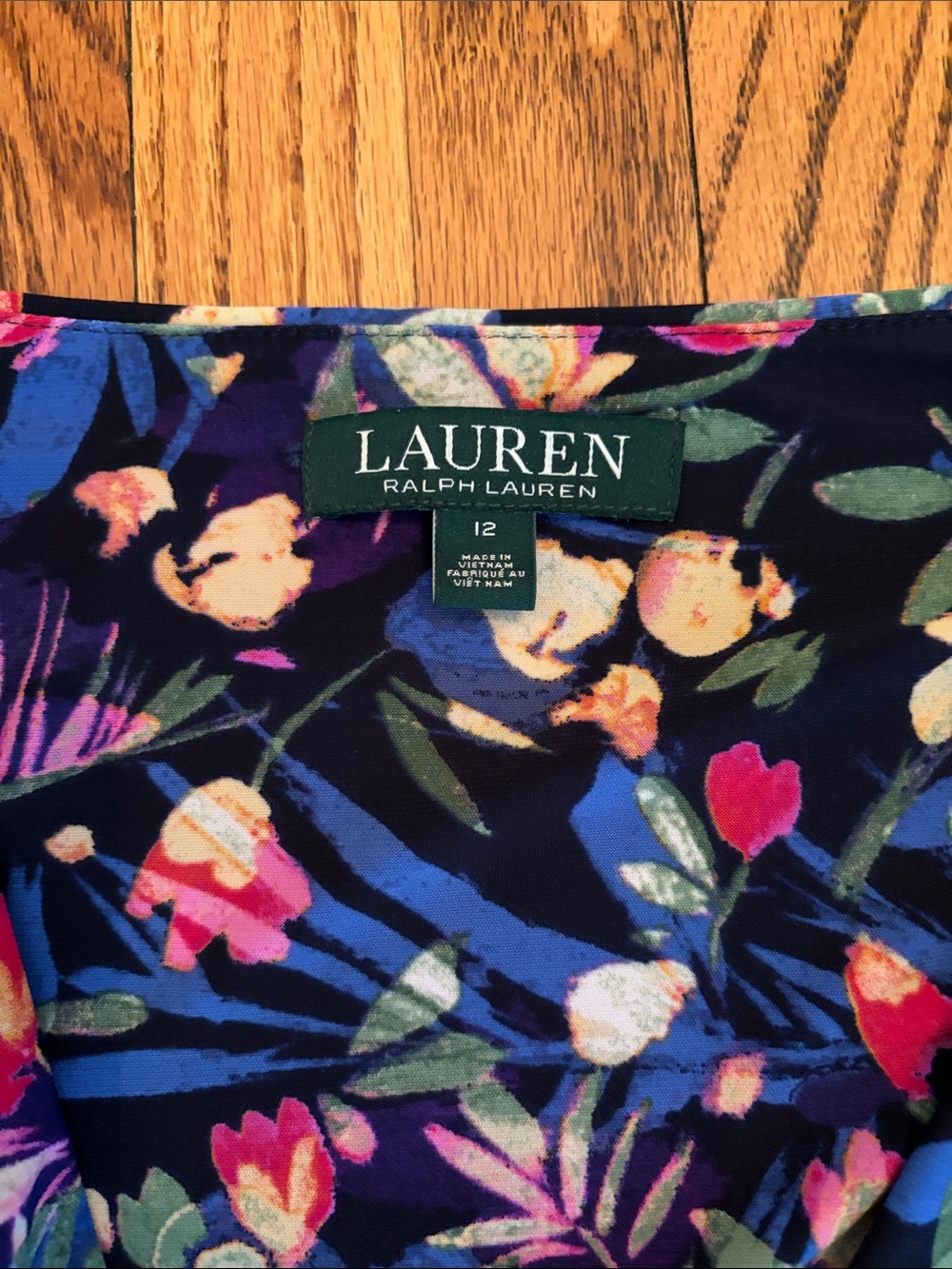 Lauren 12 Floral Wrap-Style Womens Dress in Navy w/Pink&Green Accents - Picture 2 of 8